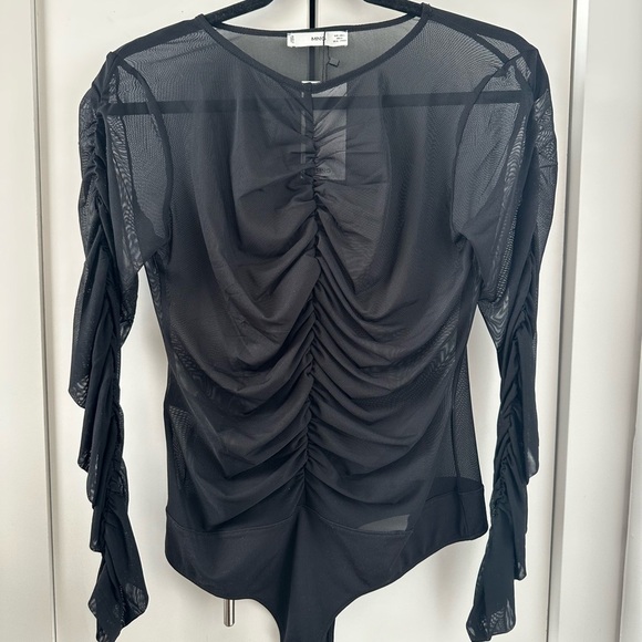 MNG MANGO Mesh Sheer Ruched Long Sleeve Bodysuit - Black - Picture 1 of 4